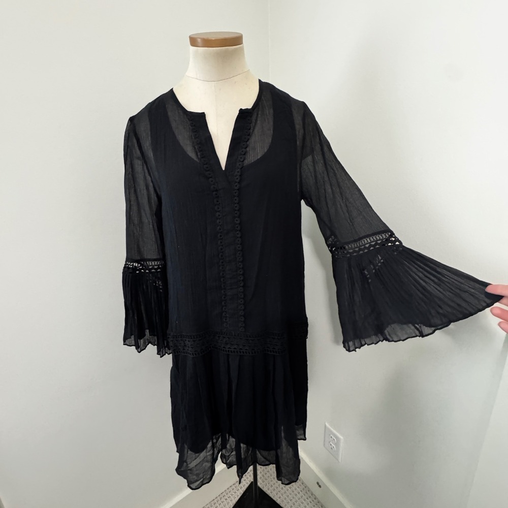 Kobe Halperin Medium Black Mini Dress Flare Sleeve Dark Romantic Goth Witchy